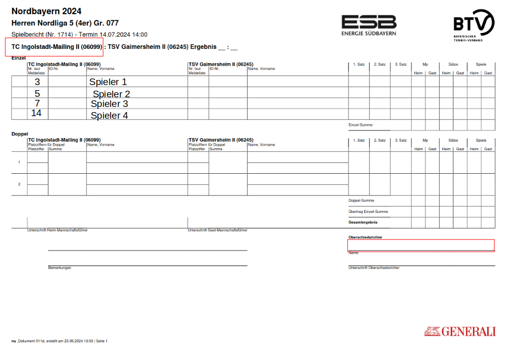 Beispiel Spielberichtsbogen